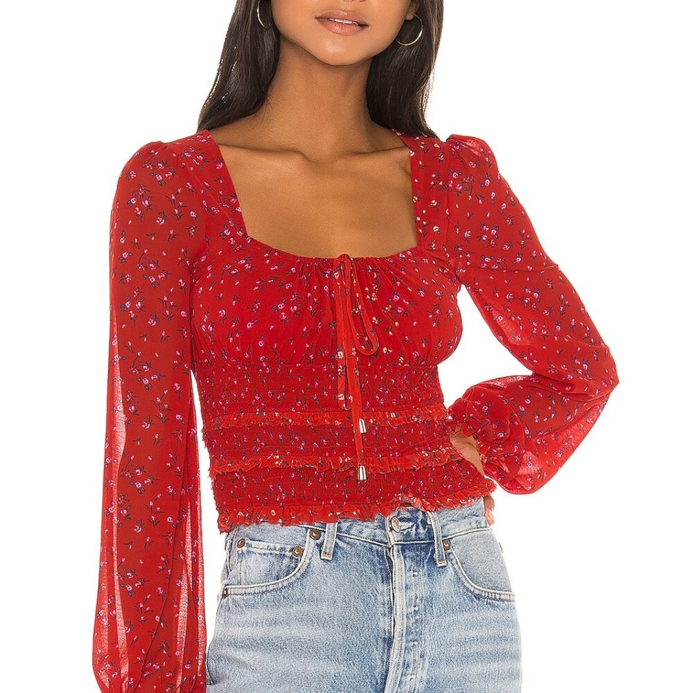 Free People Lolita Red Floral Print Ruffled Crop Top